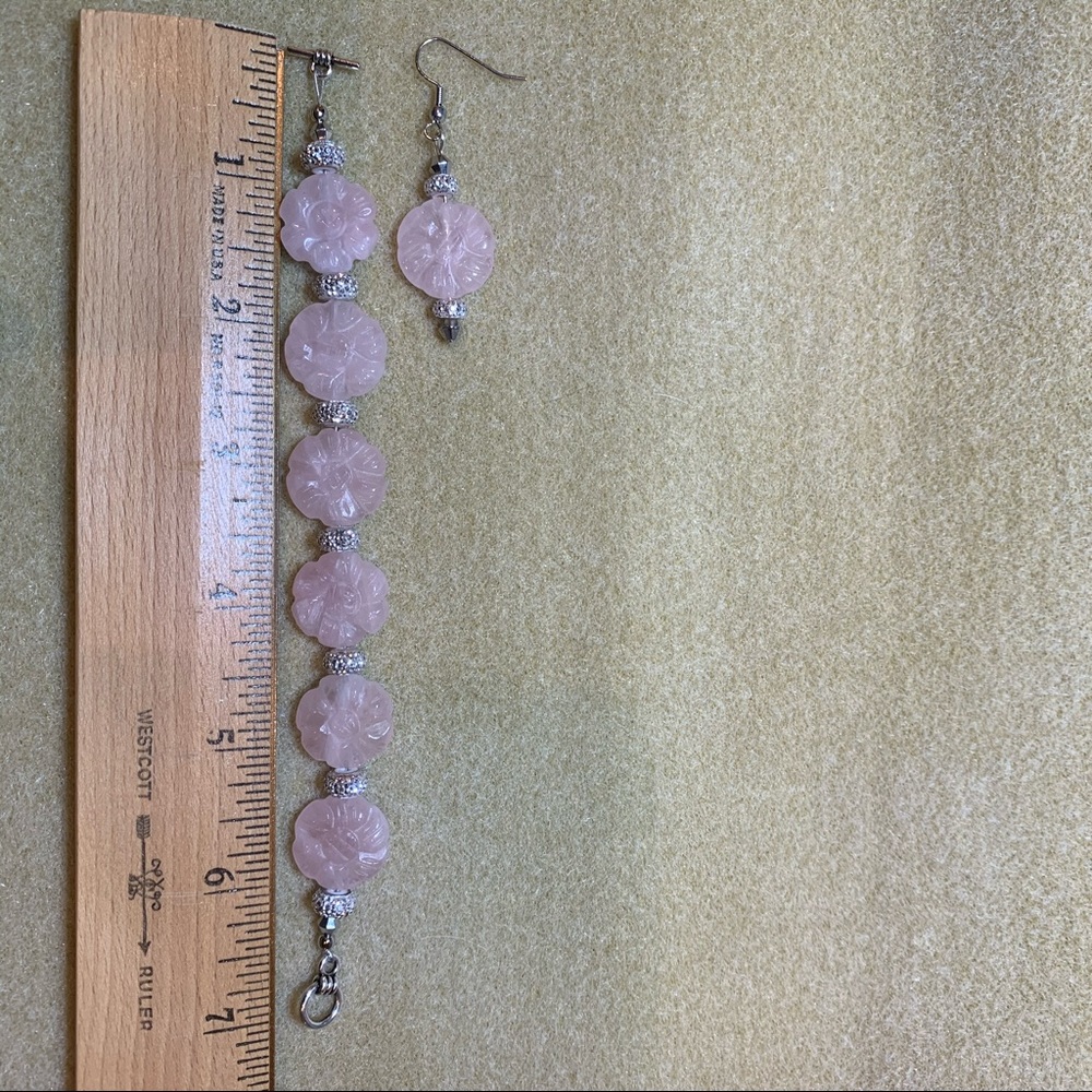 2073 Rose (pink) quartz flower bracelet/earrings - Picture 4 of 6